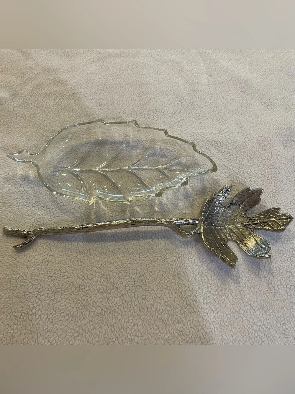 Glass Leaf Serving Dish & Silver Branch Server Fall Thanksgiving Decor